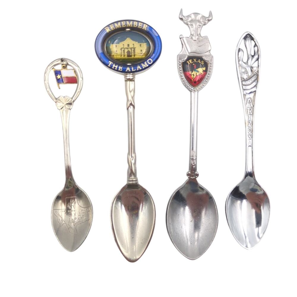 VTG Texas Souvenir Spoons Lot of 4 Alamo Flag Longhorn Steer Enamel Silverplate